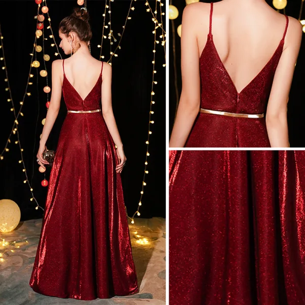 Bling Bling Bordeaux Robe De Soirée 2019 Princesse Bretelles Spaghetti Sans Manches Métal Ceinture Glitter Polyester Longue Volants Dos Nu Robe De Ceremonie