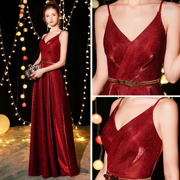 Bling Bling Bordeaux Robe De Soirée 2019 Princesse Bretelles Spaghetti Sans Manches Métal Ceinture Glitter Polyester Longue Volants Dos Nu Robe De Ceremonie