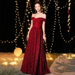 Bling Bling Bordeaux Robe De Soirée 2019 Princesse De L 039 Épaule Manches Courtes Glitter Polyester Longue Volants Dos Nu Robe De Ceremonie