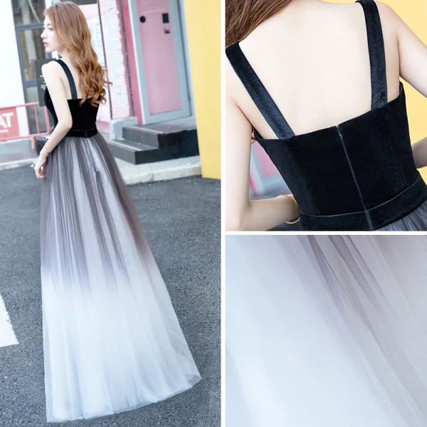 Modern / Fashion Black Gradient-Color White Suede Evening Dresses 2018 A-Line / Princess Shoulders Sleeveless Floor-Length / Long Ruffle Backless Formal Dresses