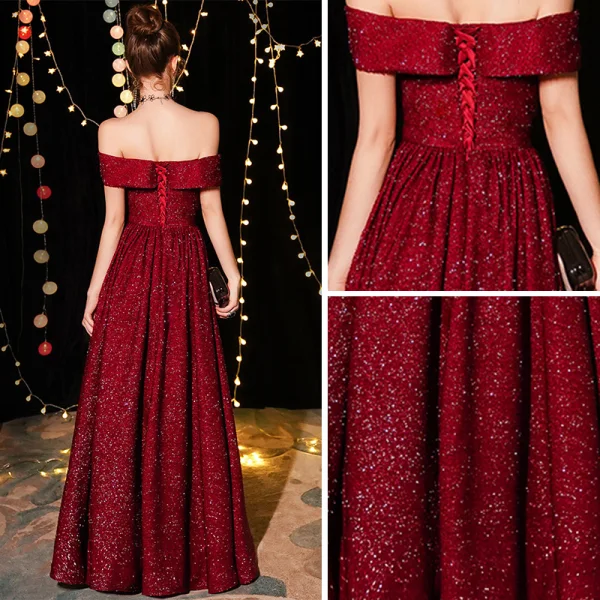Bling Bling Burgunderrot Abendkleider 2019 A Linie Off Shoulder Kurze Ärmel Glanz Polyester Lange Rüschen Rückenfreies Festliche Kleider