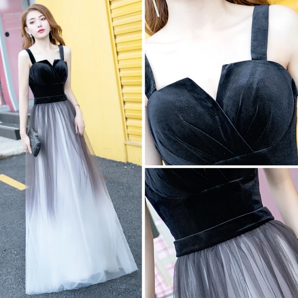 Modern / Fashion Black Gradient-Color White Suede Evening Dresses 2018 A-Line / Princess Shoulders Sleeveless Floor-Length / Long Ruffle Backless Formal Dresses