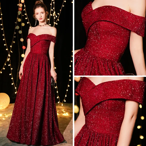 Bling Bling Burgunderrot Abendkleider 2019 A Linie Off Shoulder Kurze Ärmel Glanz Polyester Lange Rüschen Rückenfreies Festliche Kleider