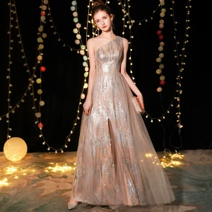 Moderne Mode Champagne Robe De Soirée 2019 Princesse Une Épaule Sans Manches Métal Ceinture Glitter Paillettes Longue Volants Dos Nu Robe De Ceremonie