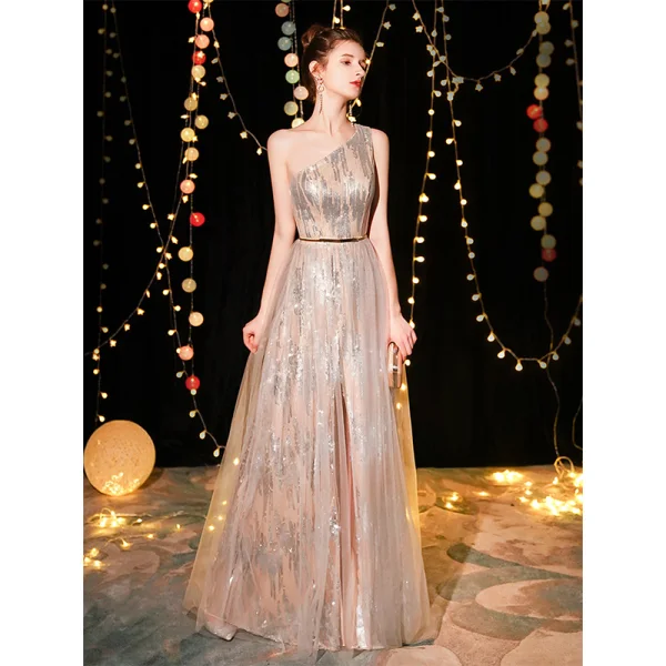 Modern / Fashion Champagne Evening Dresses 2019 A-Line / Princess One-Shoulder Sleeveless Metal Sash Glitter Sequins Floor-Length / Long Ruffle Backless Formal Dresses