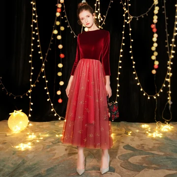 Chic Beautiful Burgundy Suede Homecoming Graduation Dresses 2019 A Line Princess Square Neckline 3 4 Sleeve Glitter Tulle Tea Length Ruffle Formal Dresses