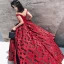 Luxury / Gorgeous Burgundy Prom Dresses 2018 A-Line / Princess See-through Scoop Neck Cap Sleeves Rhinestone Printing Flower Satin Sweep Train Ruffle Backless Formal Dresses