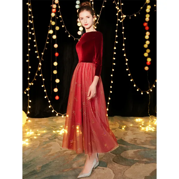 Chic / Beautiful Burgundy Suede Homecoming Graduation Dresses 2019 A-Line / Princess Square Neckline 3/4 Sleeve Glitter Tulle Tea-length Ruffle Formal Dresses