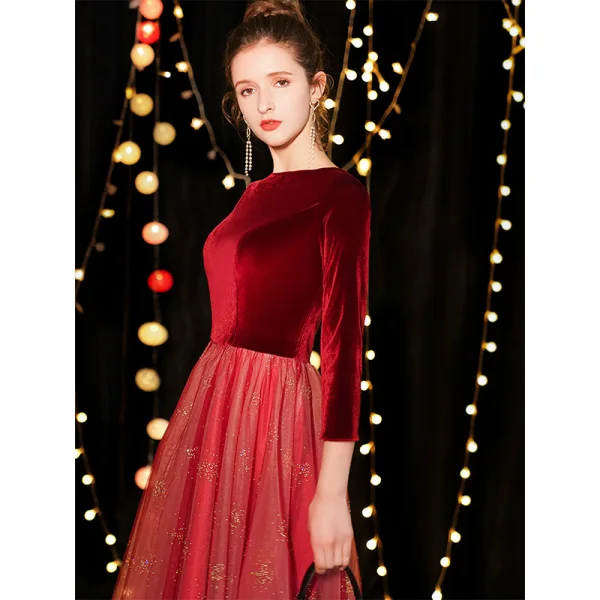 Chic / Beautiful Burgundy Suede Homecoming Graduation Dresses 2019 A-Line / Princess Square Neckline 3/4 Sleeve Glitter Tulle Tea-length Ruffle Formal Dresses