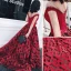 Luxury / Gorgeous Burgundy Prom Dresses 2018 A-Line / Princess See-through Scoop Neck Cap Sleeves Rhinestone Printing Flower Satin Sweep Train Ruffle Backless Formal Dresses