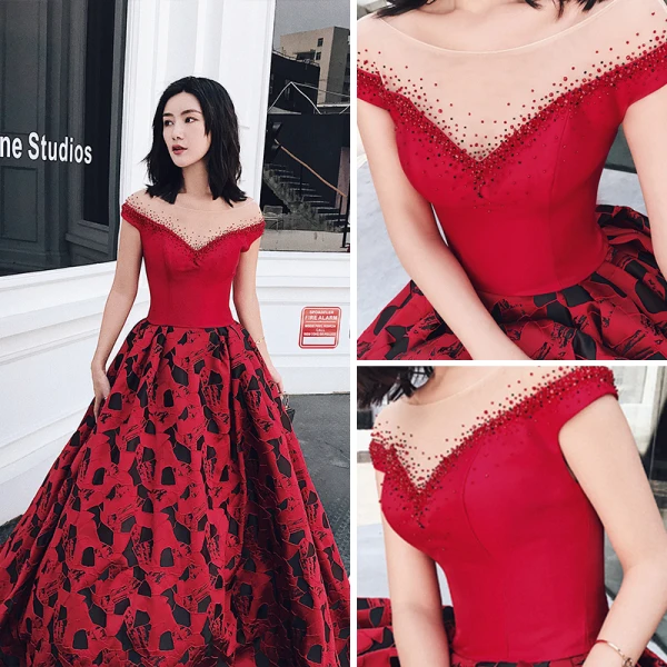 Luxury / Gorgeous Burgundy Prom Dresses 2018 A-Line / Princess See-through Scoop Neck Cap Sleeves Rhinestone Printing Flower Satin Sweep Train Ruffle Backless Formal Dresses