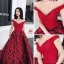 Luxury / Gorgeous Burgundy Prom Dresses 2018 A-Line / Princess See-through Scoop Neck Cap Sleeves Rhinestone Printing Flower Satin Sweep Train Ruffle Backless Formal Dresses