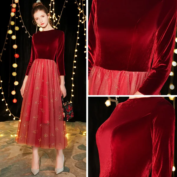 Chic / Beautiful Burgundy Suede Homecoming Graduation Dresses 2019 A-Line / Princess Square Neckline 3/4 Sleeve Glitter Tulle Tea-length Ruffle Formal Dresses