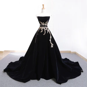 Élégant Noire Daim Robe De Soirée 2018 Princesse Bustier Sans Manches Perlage Ceinture Chapel Train Volants Dos Nu Robe De Ceremonie