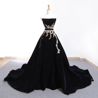 Elegant Black Suede Evening Dresses 2018 A Line Princess Strapless Sleeveless Beading Sash Chapel Train Ruffle Backless Formal Dresses