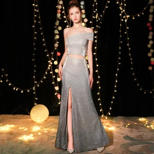 Amazing Unique Silver Evening Dresses 2019 Trumpet Mermaid Off The Shoulder Short Sleeve Glitter Polyester Split Front Floor Length Long Ruffle Backless Formal Dresses