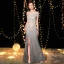 Unique Silber Abendkleider 2019 Meerjungfrau Off Shoulder Kurze Ärmel Glanz Polyester Gespaltete Front Lange Rüschen Rückenfreies Festliche Kleider