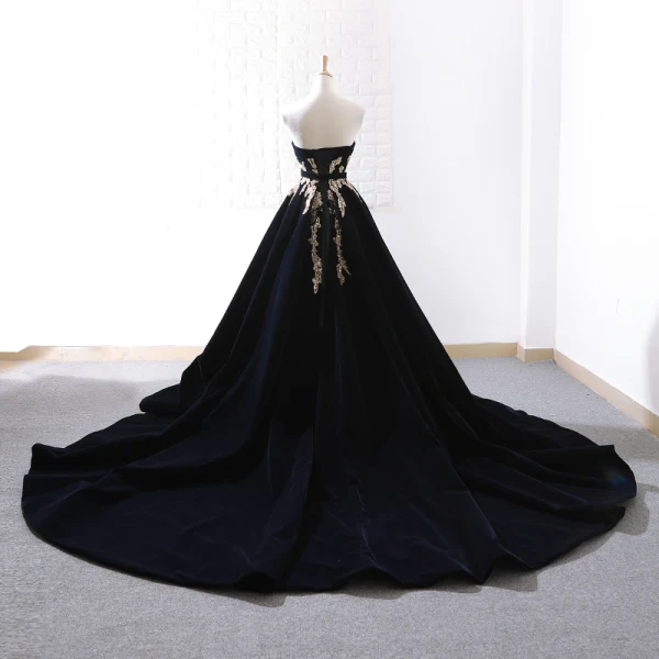 Élégant Noire Daim Robe De Soirée 2018 Princesse Bustier Sans Manches Perlage Ceinture Chapel Train Volants Dos Nu Robe De Ceremonie