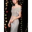 Unique Silber Abendkleider 2019 Meerjungfrau Off Shoulder Kurze Ärmel Glanz Polyester Gespaltete Front Lange Rüschen Rückenfreies Festliche Kleider