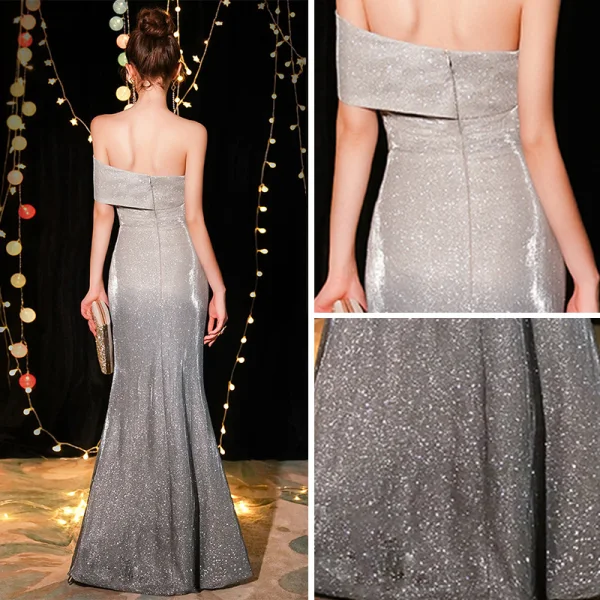 Unique Silber Abendkleider 2019 Meerjungfrau Off Shoulder Kurze Ärmel Glanz Polyester Gespaltete Front Lange Rüschen Rückenfreies Festliche Kleider