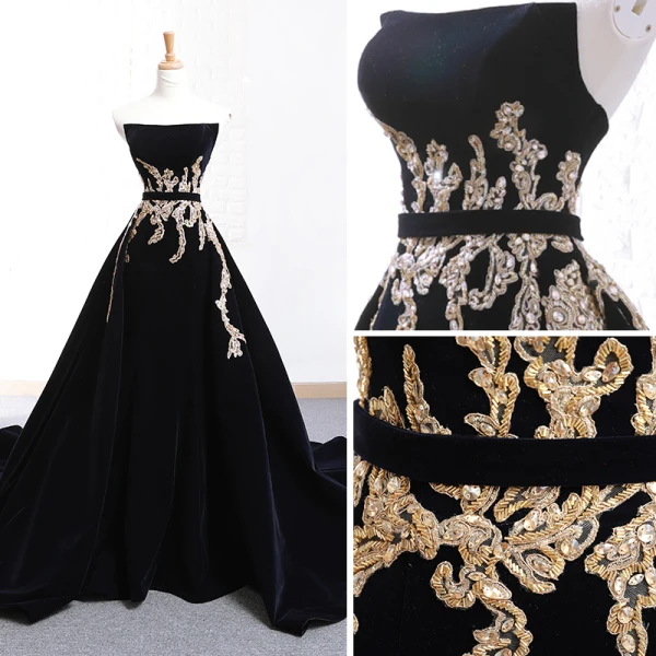Élégant Noire Daim Robe De Soirée 2018 Princesse Bustier Sans Manches Perlage Ceinture Chapel Train Volants Dos Nu Robe De Ceremonie