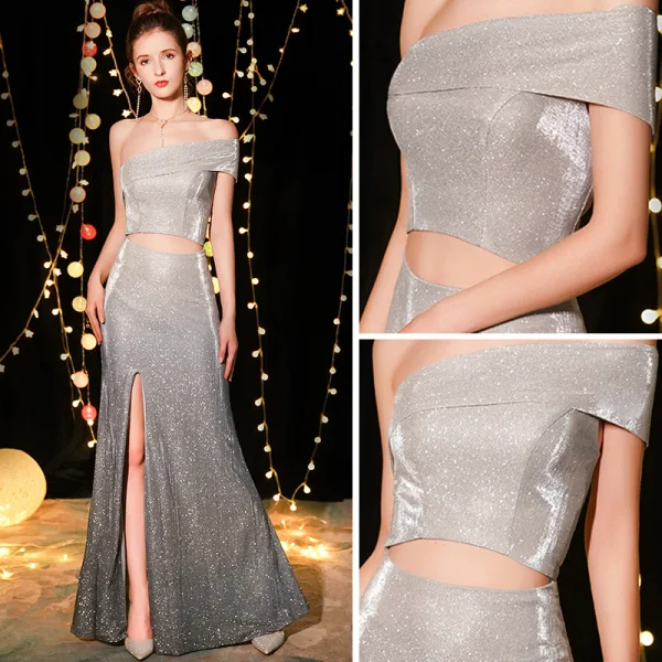 Unique Silber Abendkleider 2019 Meerjungfrau Off Shoulder Kurze Ärmel Glanz Polyester Gespaltete Front Lange Rüschen Rückenfreies Festliche Kleider