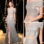 Unique Silber Abendkleider 2019 Meerjungfrau Off Shoulder Kurze Ärmel Glanz Polyester Gespaltete Front Lange Rüschen Rückenfreies Festliche Kleider