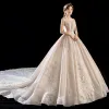Luxury / Gorgeous Champagne See-through Wedding Dresses 2018 Ball Gown High Neck Short Sleeve Backless Appliques Lace Beading Tassel Glitter Tulle Royal Train Ruffle