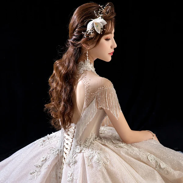 Luxury / Gorgeous Champagne See-through Wedding Dresses 2018 Ball Gown High Neck Short Sleeve Backless Appliques Lace Beading Tassel Glitter Tulle Royal Train Ruffle