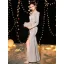 Bling Bling Silber Abendkleider 2019 Meerjungfrau V-Ausschnitt 3/4 Ärmel Glanz Polyester Gespaltete Front Lange Rüschen Rückenfreies Festliche Kleider