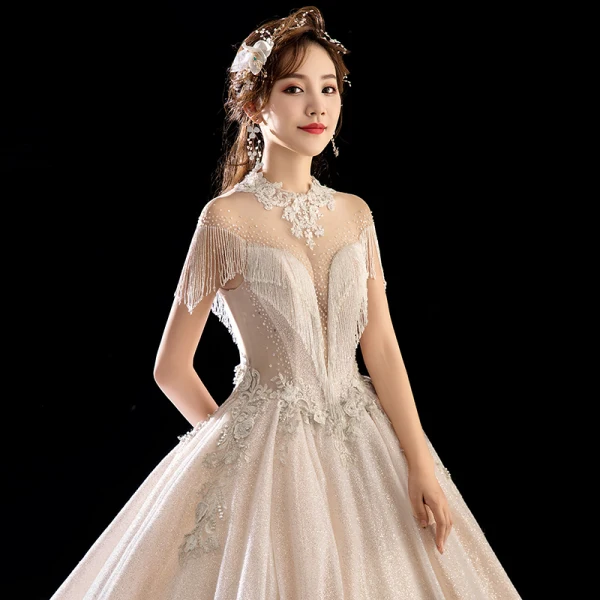 Luxury / Gorgeous Champagne See-through Wedding Dresses 2018 Ball Gown High Neck Short Sleeve Backless Appliques Lace Beading Tassel Glitter Tulle Royal Train Ruffle