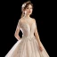 Luxury / Gorgeous Champagne See-through Wedding Dresses 2018 Ball Gown High Neck Short Sleeve Backless Appliques Lace Beading Tassel Glitter Tulle Royal Train Ruffle