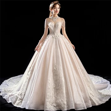 Lyx Champagne Genomskinliga Bröllopsklänningar 2018 Balklänning Hög Hals Korta Ärm Halterneck Appliqués Spets Beading Tassel Glittriga Glitter Tyll Royal Train Ruffle
