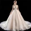 Luxury / Gorgeous Champagne See-through Wedding Dresses 2018 Ball Gown High Neck Short Sleeve Backless Appliques Lace Beading Tassel Glitter Tulle Royal Train Ruffle