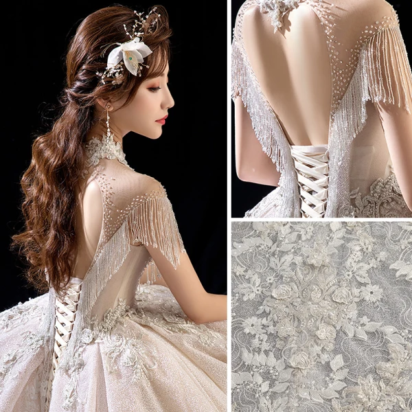 Luxury / Gorgeous Champagne See-through Wedding Dresses 2018 Ball Gown High Neck Short Sleeve Backless Appliques Lace Beading Tassel Glitter Tulle Royal Train Ruffle