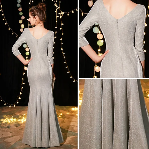 Bling Bling Silber Abendkleider 2019 Meerjungfrau V-Ausschnitt 3/4 Ärmel Glanz Polyester Gespaltete Front Lange Rüschen Rückenfreies Festliche Kleider