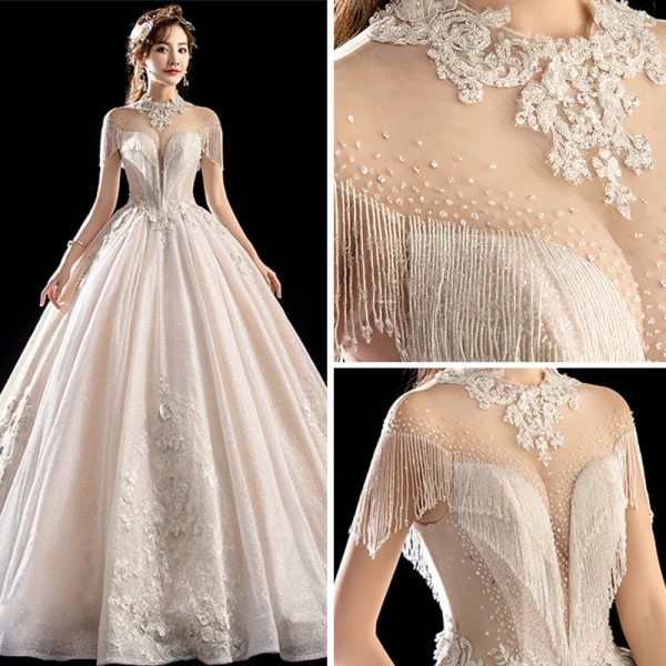 Luxury / Gorgeous Champagne See-through Wedding Dresses 2018 Ball Gown High Neck Short Sleeve Backless Appliques Lace Beading Tassel Glitter Tulle Royal Train Ruffle