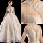 Luxury / Gorgeous Champagne See-through Wedding Dresses 2018 Ball Gown High Neck Short Sleeve Backless Appliques Lace Beading Tassel Glitter Tulle Royal Train Ruffle