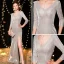 Bling Bling Silber Abendkleider 2019 Meerjungfrau V-Ausschnitt 3/4 Ärmel Glanz Polyester Gespaltete Front Lange Rüschen Rückenfreies Festliche Kleider