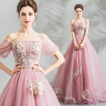 Stunning Candy Pink Prom Dresses 2019 Ball Gown Off The Shoulder Puffy Short Sleeve Appliques Lace Floor Length Long Ruffle Backless Formal Dresses