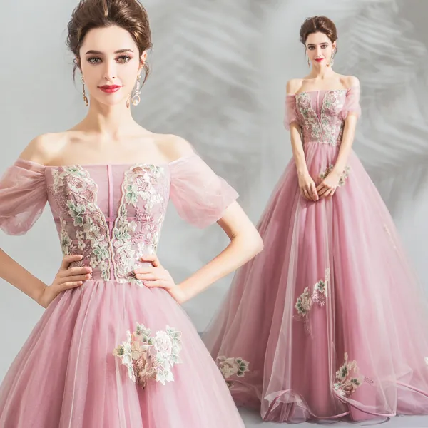 Stunning Candy Pink Prom Dresses 2019 Ball Gown Off-The-Shoulder Puffy Short Sleeve Appliques Lace Floor-Length / Long Ruffle Backless Formal Dresses