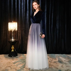Chic Beautiful Navy Blue Suede Evening Dresses 2019 A Line Princess V Neck Long Sleeve Floor Length Long Ruffle Formal Dresses