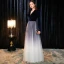 Chic / Beautiful Navy Blue Suede Evening Dresses  2019 A-Line / Princess V-Neck Long Sleeve Floor-Length / Long Ruffle Formal Dresses