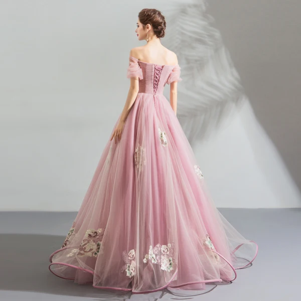 Stunning Candy Pink Prom Dresses 2019 Ball Gown Off-The-Shoulder Puffy Short Sleeve Appliques Lace Floor-Length / Long Ruffle Backless Formal Dresses