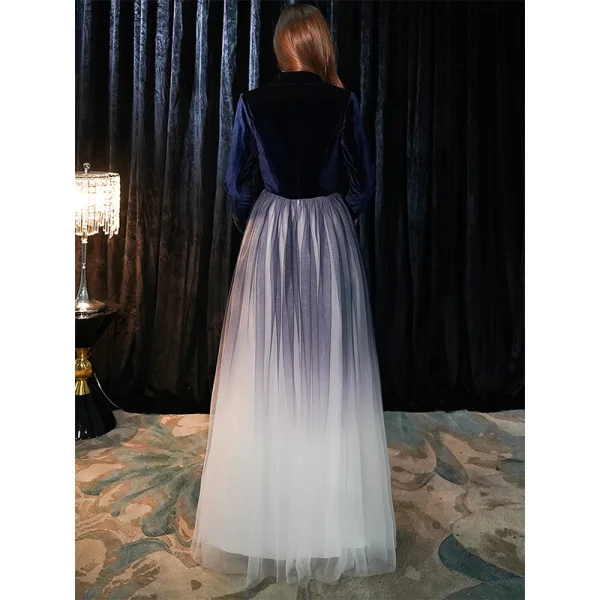 Chic / Beautiful Navy Blue Suede Evening Dresses  2019 A-Line / Princess V-Neck Long Sleeve Floor-Length / Long Ruffle Formal Dresses