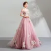 Stunning Candy Pink Prom Dresses 2019 Ball Gown Off-The-Shoulder Puffy Short Sleeve Appliques Lace Floor-Length / Long Ruffle Backless Formal Dresses