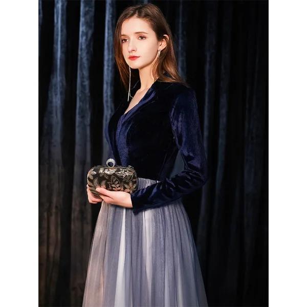 Chic / Beautiful Navy Blue Suede Evening Dresses  2019 A-Line / Princess V-Neck Long Sleeve Floor-Length / Long Ruffle Formal Dresses