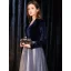 Chic / Beautiful Navy Blue Suede Evening Dresses  2019 A-Line / Princess V-Neck Long Sleeve Floor-Length / Long Ruffle Formal Dresses