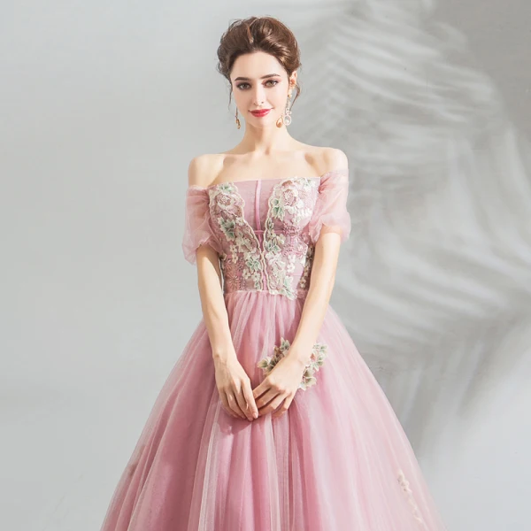 Stunning Candy Pink Prom Dresses 2019 Ball Gown Off-The-Shoulder Puffy Short Sleeve Appliques Lace Floor-Length / Long Ruffle Backless Formal Dresses