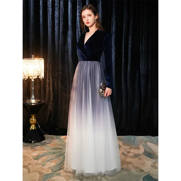 Chic / Beautiful Navy Blue Suede Evening Dresses  2019 A-Line / Princess V-Neck Long Sleeve Floor-Length / Long Ruffle Formal Dresses